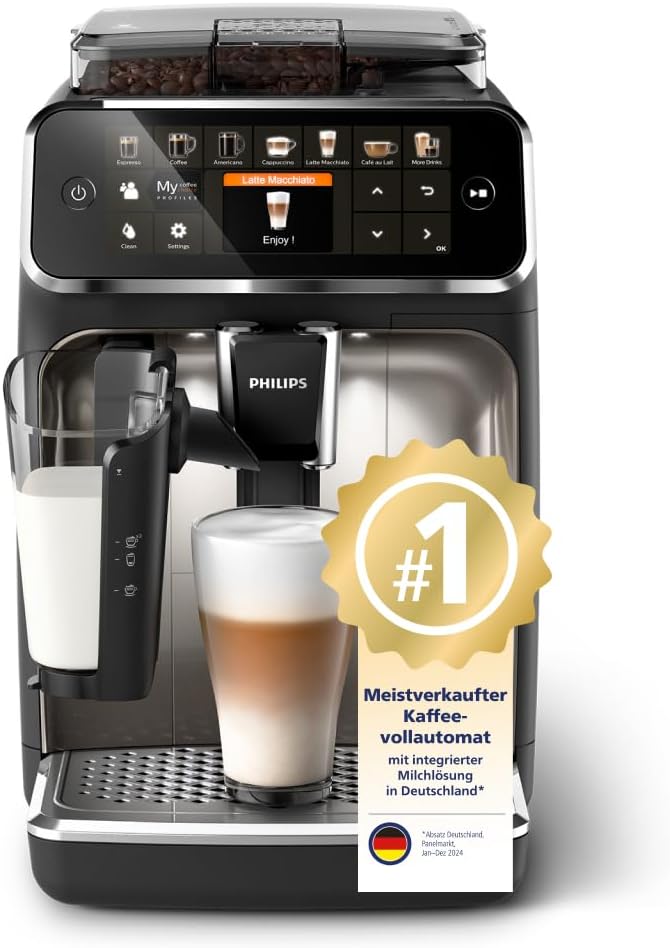 Serie 5400 Kaffeevollautomat (EP5447/90)– LatteGo Milchsystem, 12 Kaffeespezialitäten, Intuitives Display, 4 Benutzerprofile, Chrom