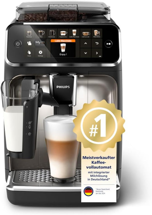 Serie 5400 Kaffeevollautomat (EP5447/90)– LatteGo Milchsystem, 12 Kaffeespezialitäten, Intuitives Display, 4 Benutzerprofile, Chrom